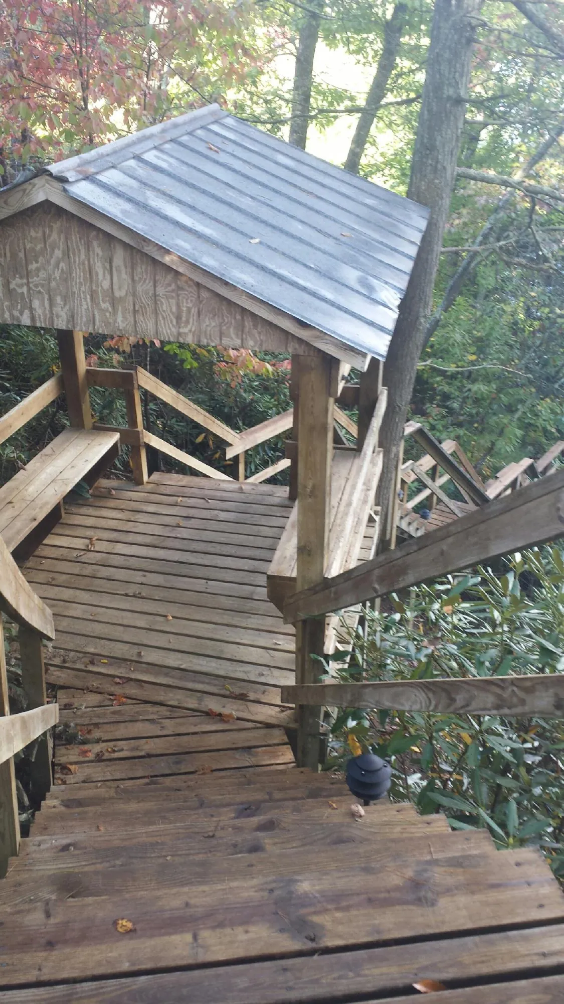 Metal roofed shelter over wooden steps on a wooded walkway — Skylight Repair & Installation work by our crew in Biscoe